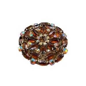 Vintage Topaz Color Rhinestones Pin Brooch Layered Domed Aurora Borealis Stones